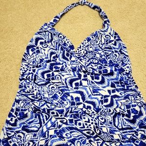 Ralph Lauren Tankini Top, Blue and White Print, Size 16W
